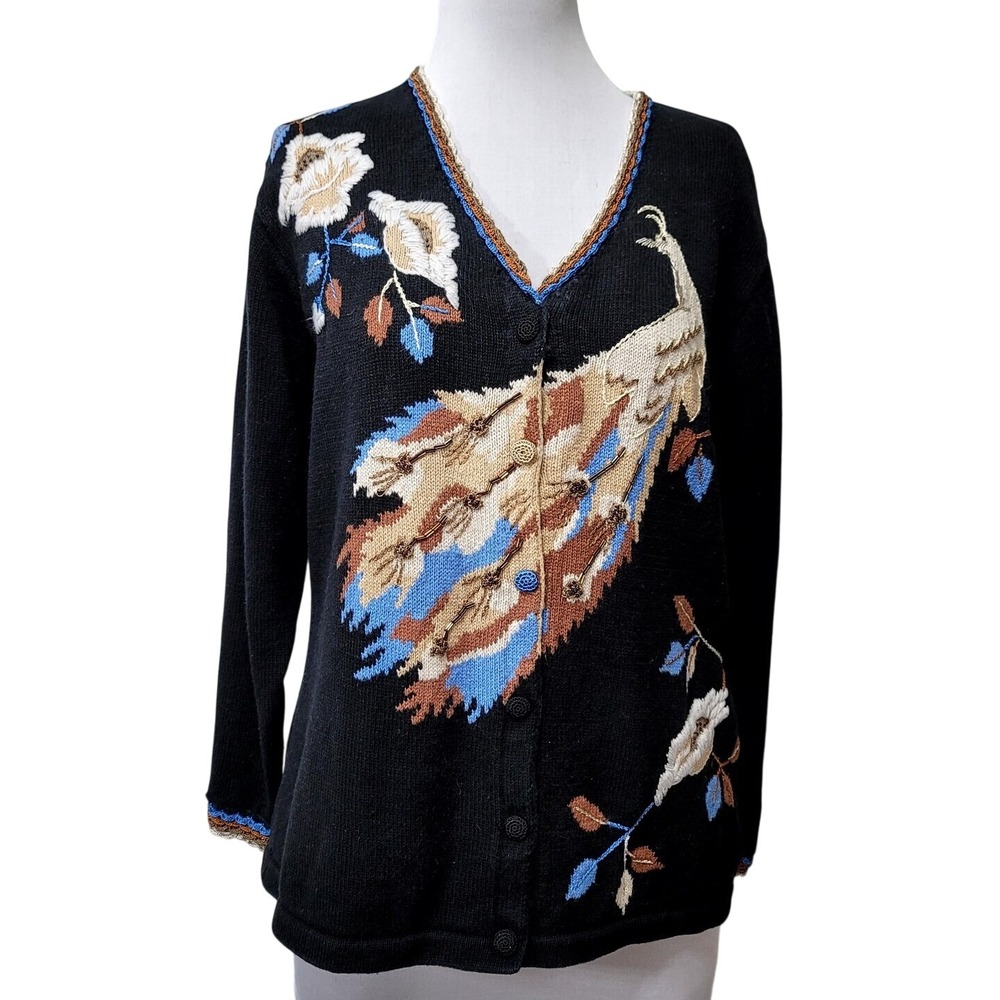Storybook Knits Black Embroidered Peacock Beaded Cardigan Sweater Womens 1X